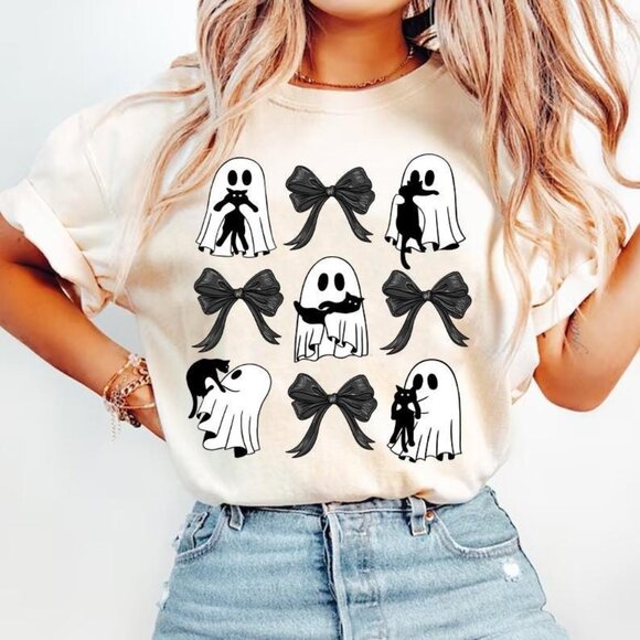Tops - Cat Pumpkin Halloween Coquette, Ghots Cat, Retro halloween